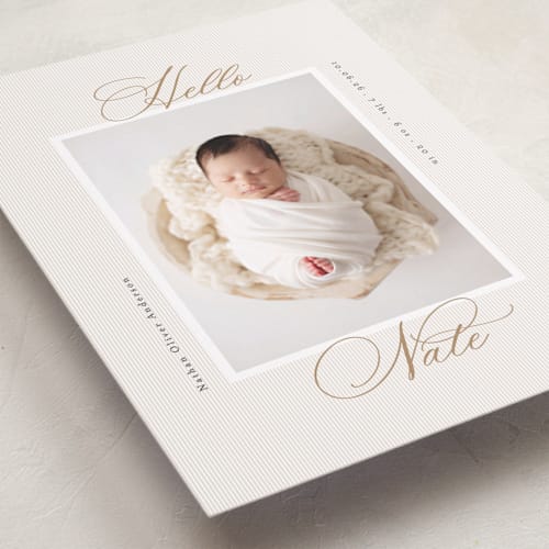 This is a sand grand birth announcements with standard by Gwen Bedat called sweet stripes printing on smooth signature in grand
