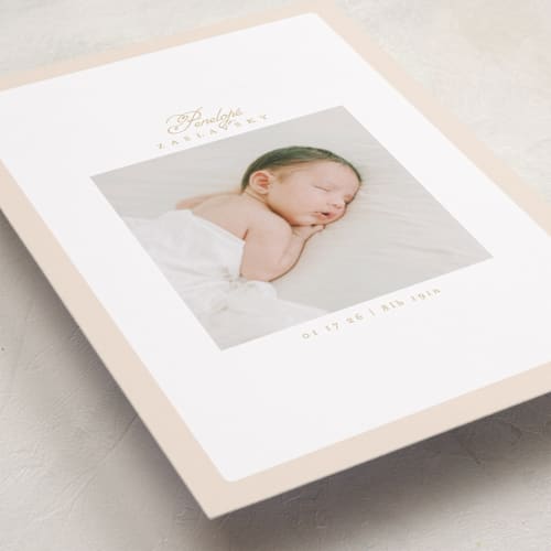 This is a peachy grand birth announcements with standard by Phrosné Barwood called soft frame printing on smooth signature in grand