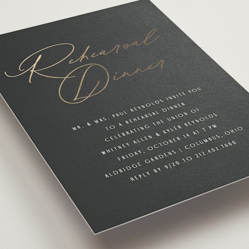 This is a midnight rehearsal dinner invitations with foil pressed by Amy Kross called jasper printing on signature in standard